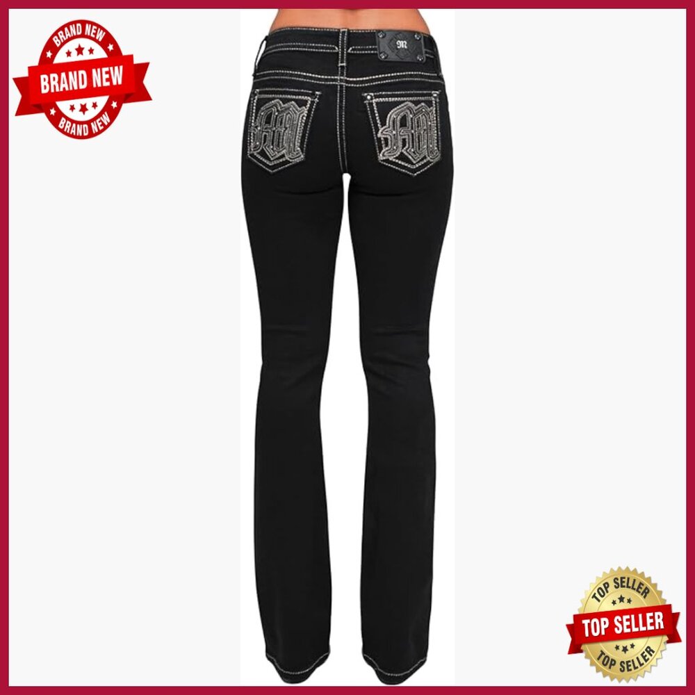 Mid Rise Bootcut Jeans With Embellished Pockets Stretch Denim 32 Inseam